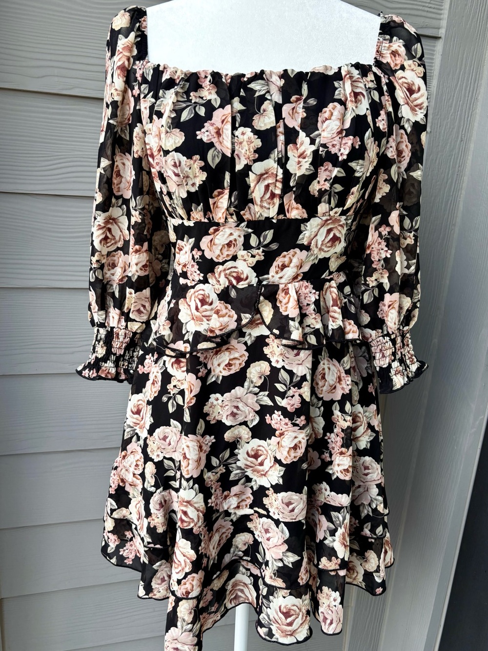 NWT Exlura Black Floral Milkmaid Mini Dress S Square Neck Puff Sleeve